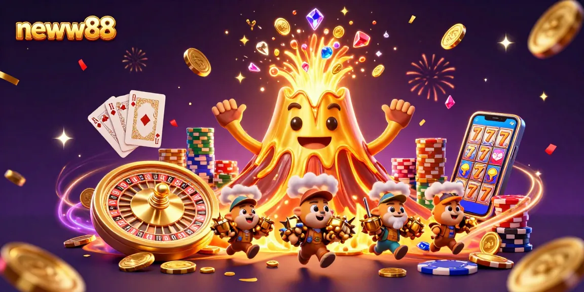 Experience the thrilling world of neww88 with vibrant treasures erupting from a golden volcano in a dynamic casino scene.