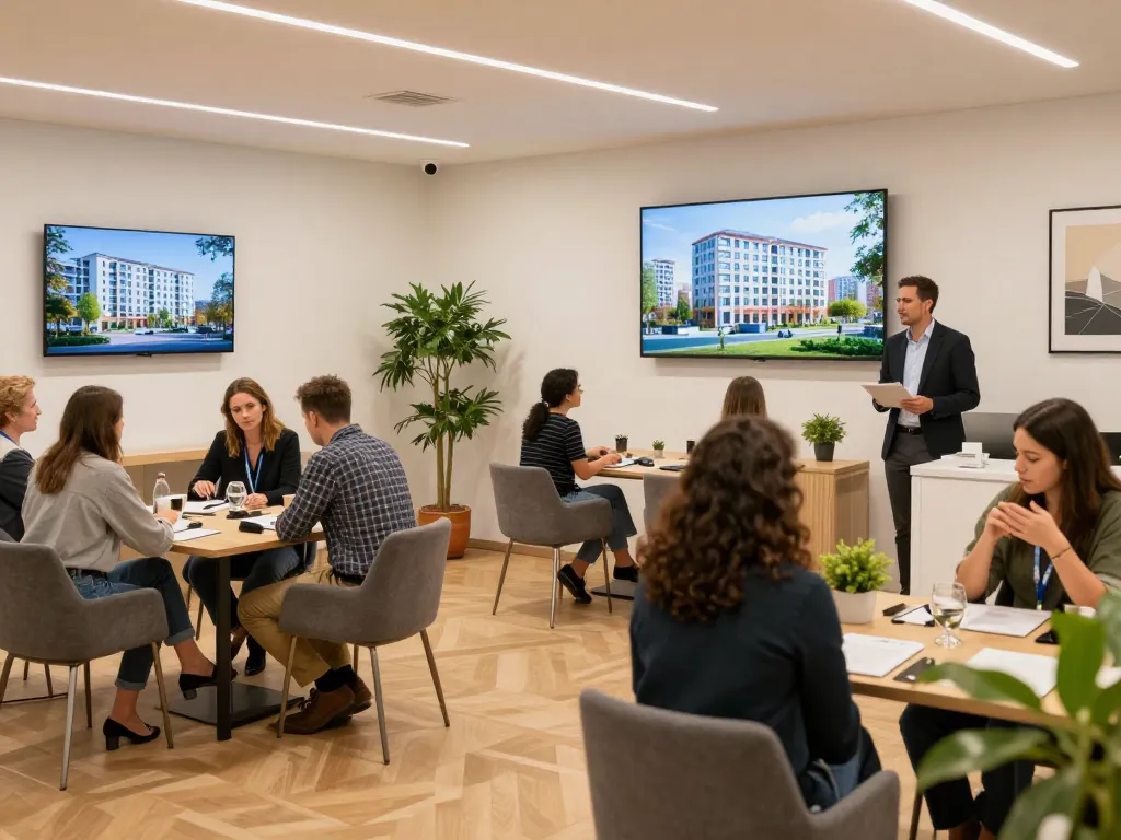 Einladende Atmosphäre in einem professionellen Immobilienmakler Frankfurt Sachsenhausen Büro mit Mitarbeitern, die Kunden unterstützen