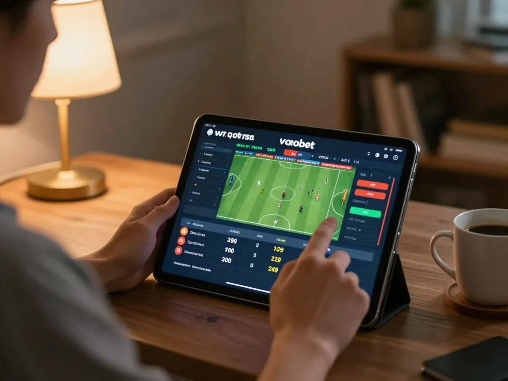 Play sports betting on vaobet with tablet showing live game odds and statistics.