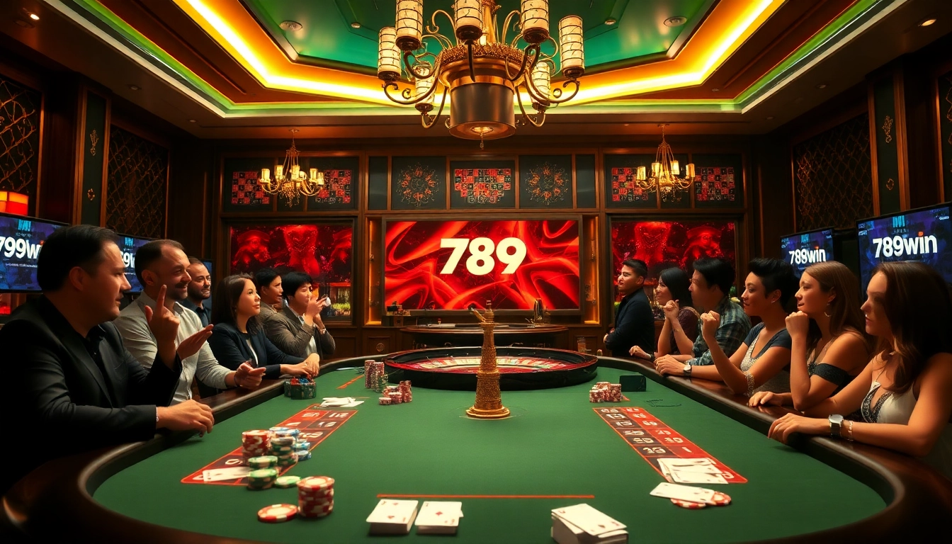A dynamic scene at a luxurious casino table with cards and chips, featuring the thrilling essence of 789win gambling.