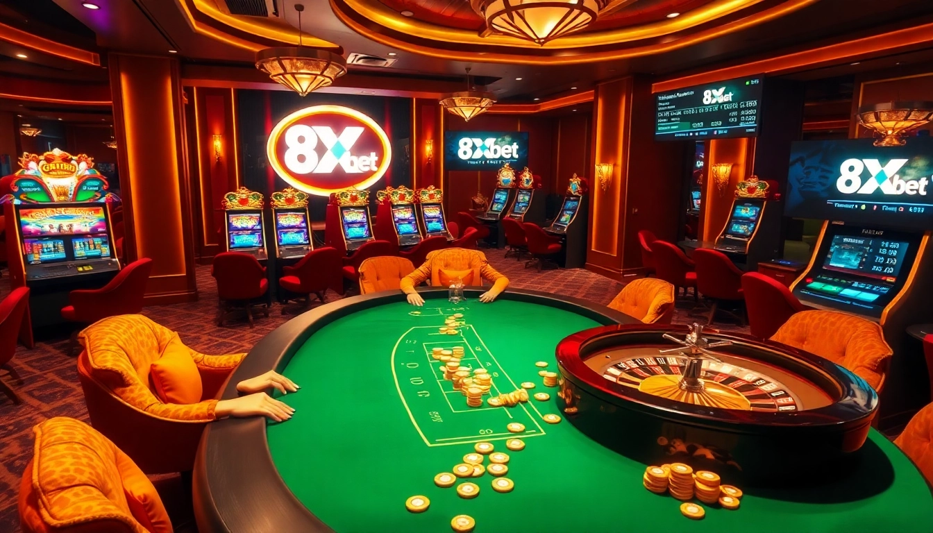 An exhilarating poker game at 8Xbet's luxurious casino, featuring stunning slot machines and vibrant betting scenes.