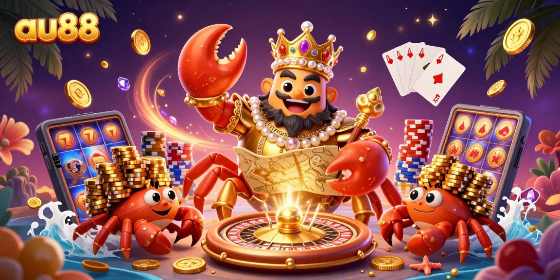 Experience thrilling gambling at au88 with a vibrant 3D illustration of a golden crab emperor surrounded by casino elements.