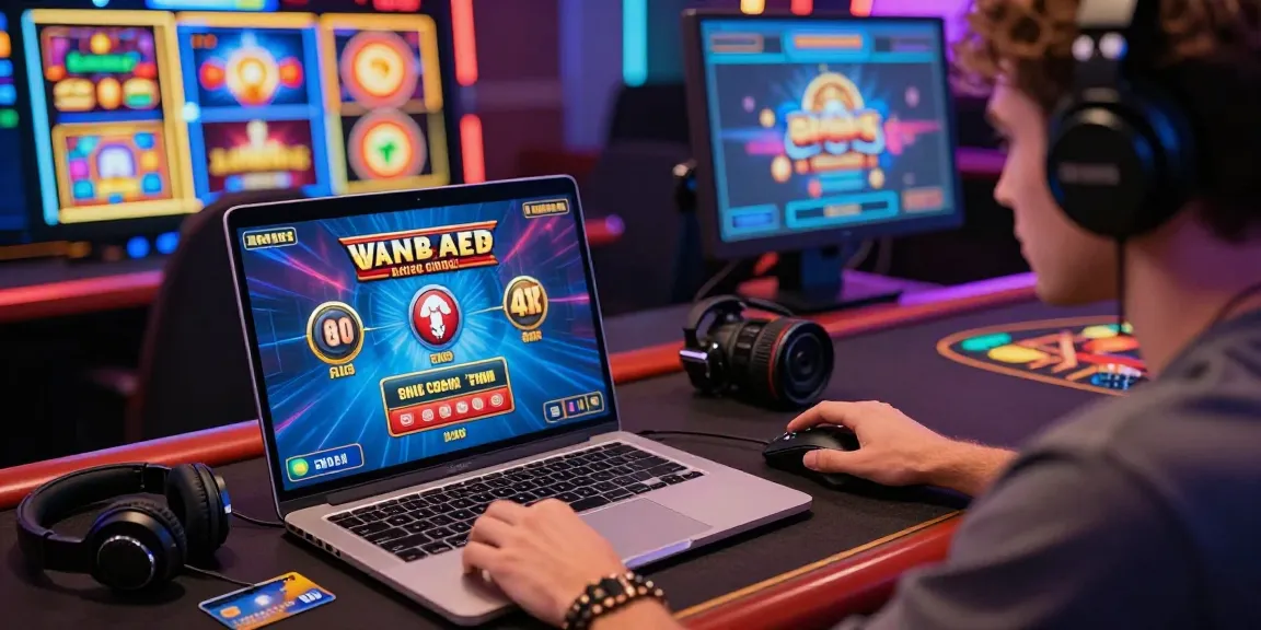 Engaging scene of a player enjoying Visa casinos on a laptop with vibrant slot game graphics and gaming accessories.