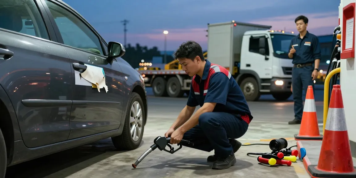 Wrong fuel in car scenario with a technician assisting a driver at service station.