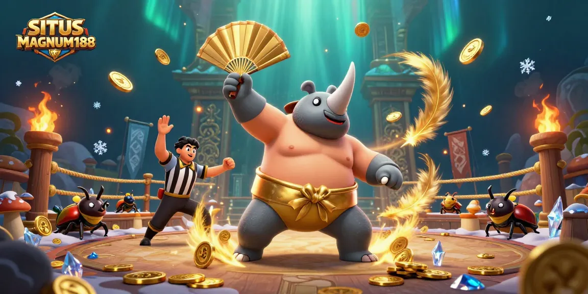 SITUS MAGNUM188 showcases a dynamic battle scene with a beetle champion and golden coins in flight.