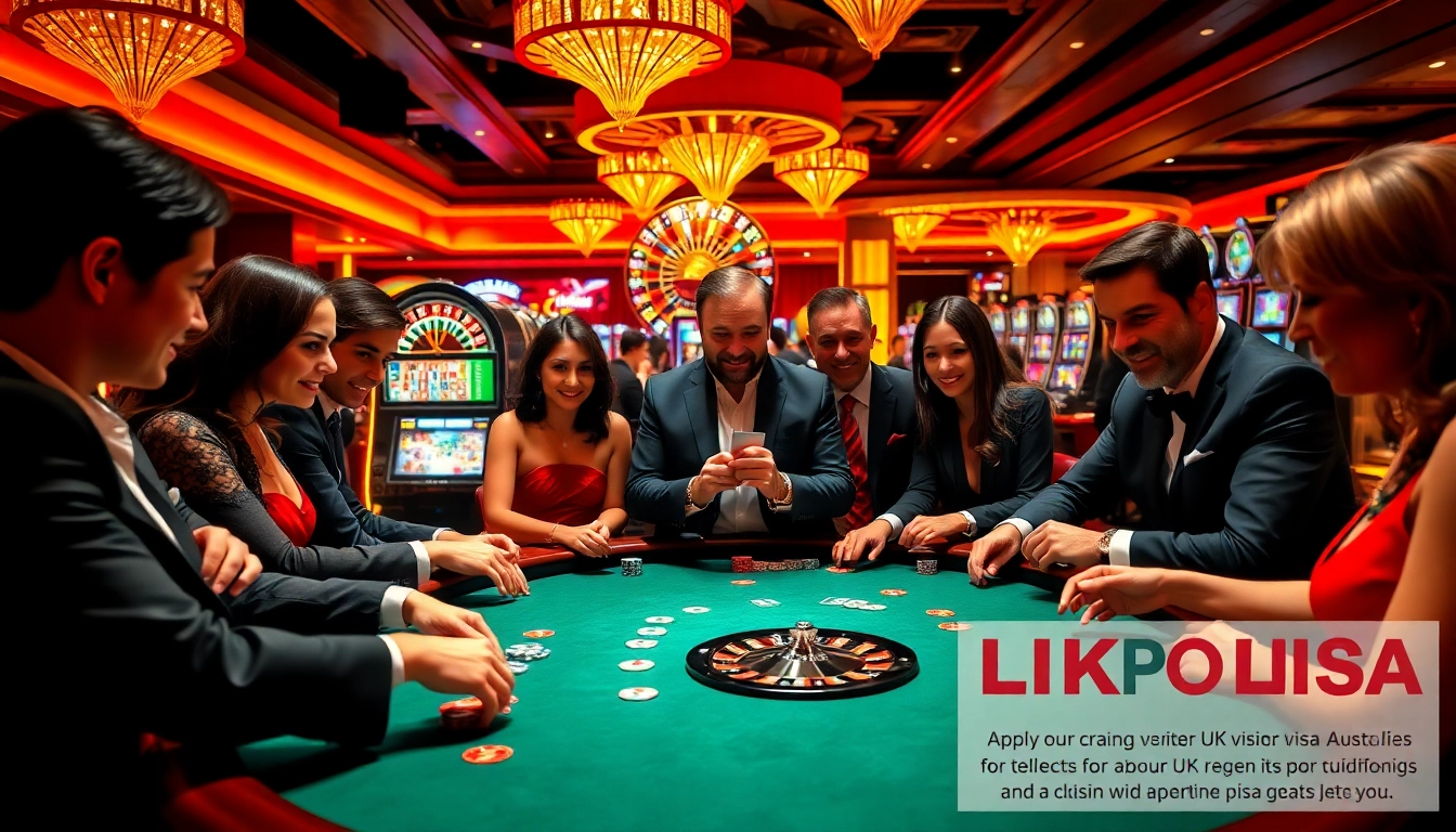 A thrilling poker game scene in a luxurious casino, showcasing excitement and focus while featuring uk visitor visa from australia flyer.