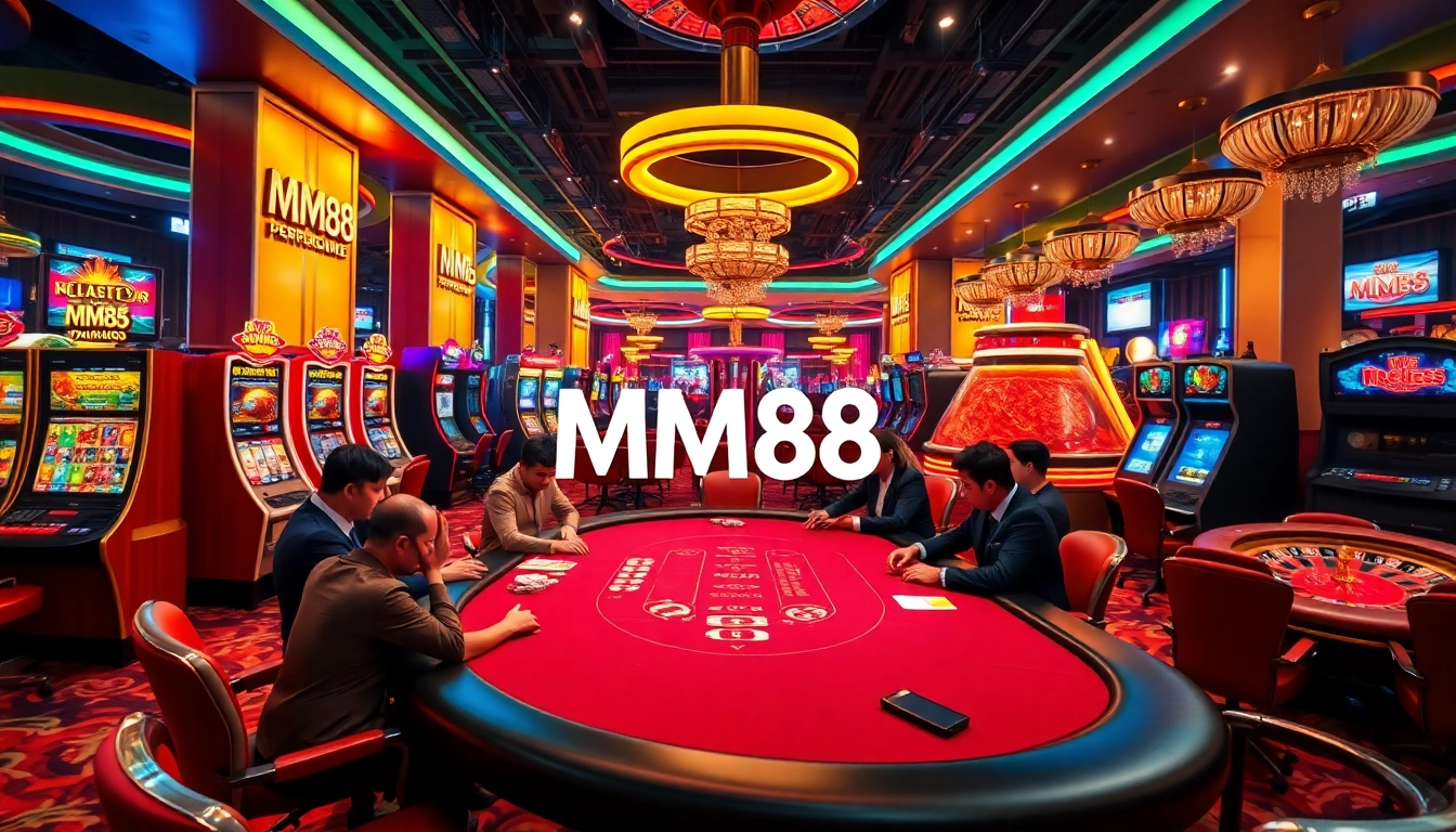 MM88 casino scene featuring engaged players at a poker table amidst vibrant slot machines.