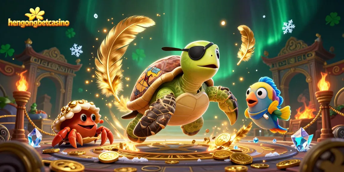 Join the fun at hengongbetcasino with a dynamic scene of a pirate turtle, crab, and parrotfish above treasure.