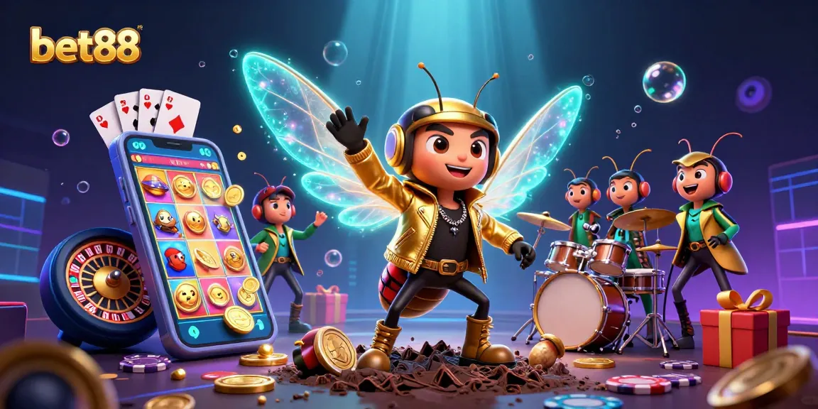 Experience casino thrills with bet88 in a dynamic, colorful 3D casino scene filled with excitement.