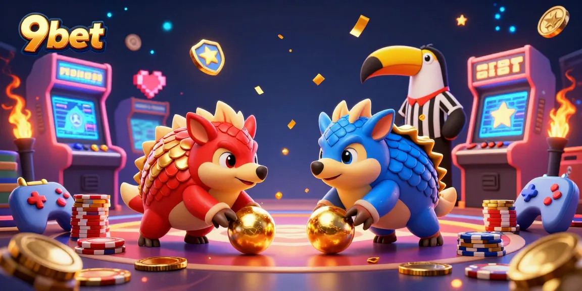 Experience thrilling action on 9bet as pangolins roll golden balls and scatter poker chips in this vibrant scene.