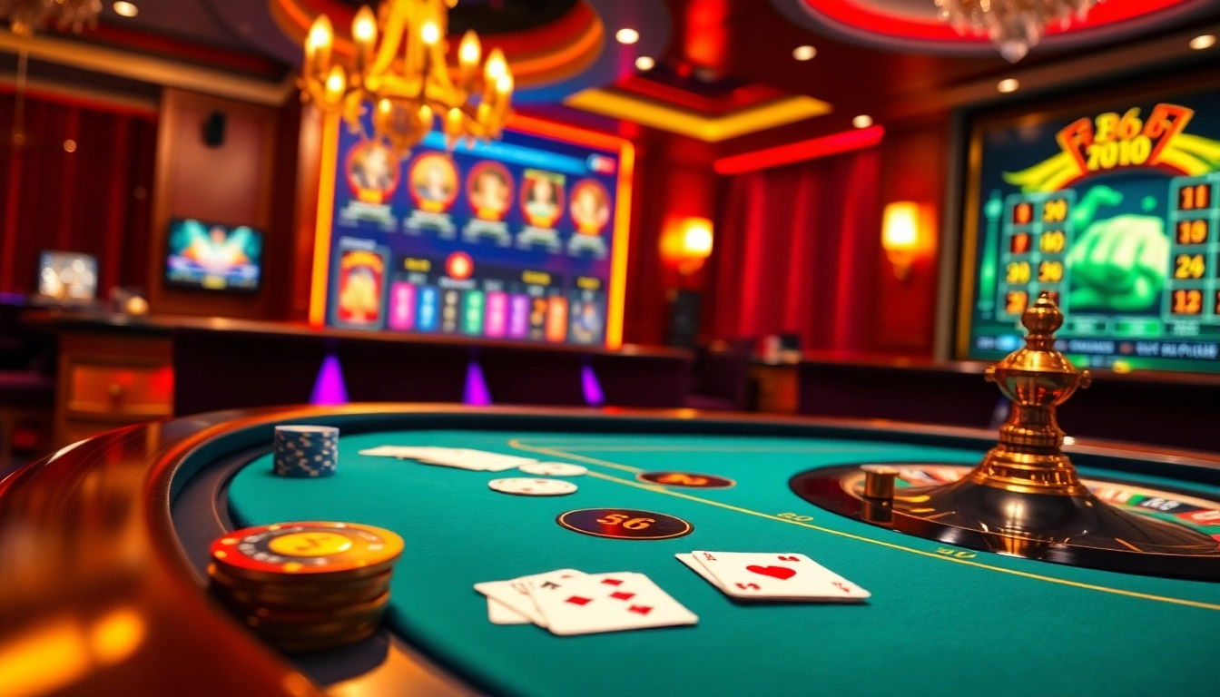 Experience the excitement of FB68 at a luxurious casino table with vibrant poker chips and cards.