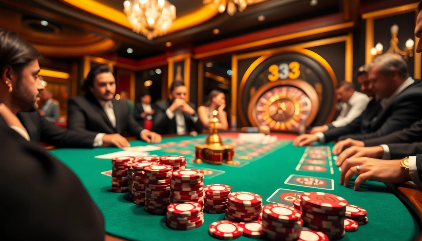 Players enjoying an exciting game at 33WIN casino, showcasing vibrant poker chips and cards.