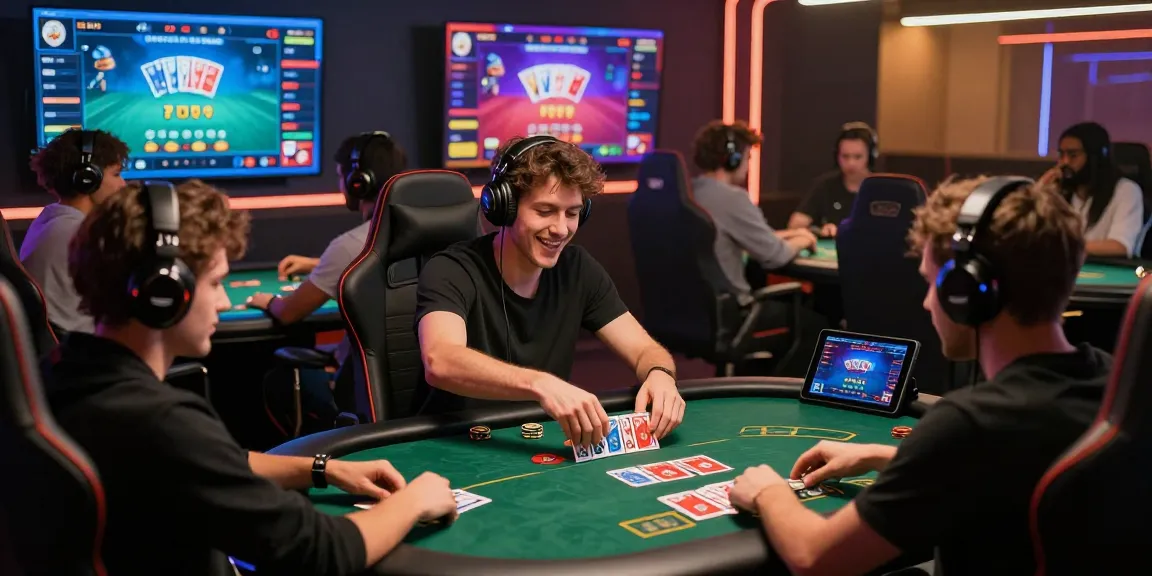 Exciting online gaming event at Rikvip showing enthusiastic players engaged in card games with dynamic visuals.