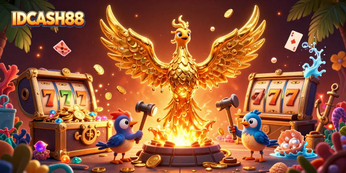 Experience thrilling gameplay at IDCASH88 with a vibrant illustration featuring slot machines and golden phoenix.