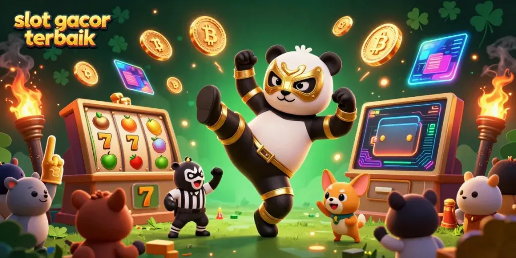 Gambarkan slot gacor terbaik dengan panda pegulat dan simbol slot menang di arena.