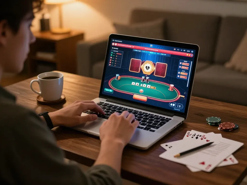 vin88 player strategizing while enjoying online gaming with laptop and notes in cozy home