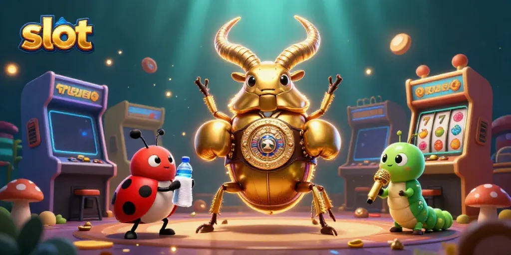 Engage with thrilling slot action featuring a golden stag beetle boxer and vibrant casino elements.