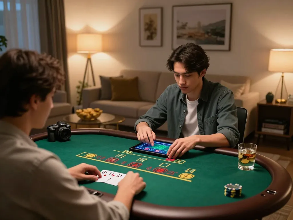 Player engaged in king33 online blackjack with live dealer on tablet in cozy home setting.
