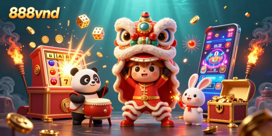 Experience thrilling moments at 888vnd with an energetic lion dance, slot machines, and casino excitement.