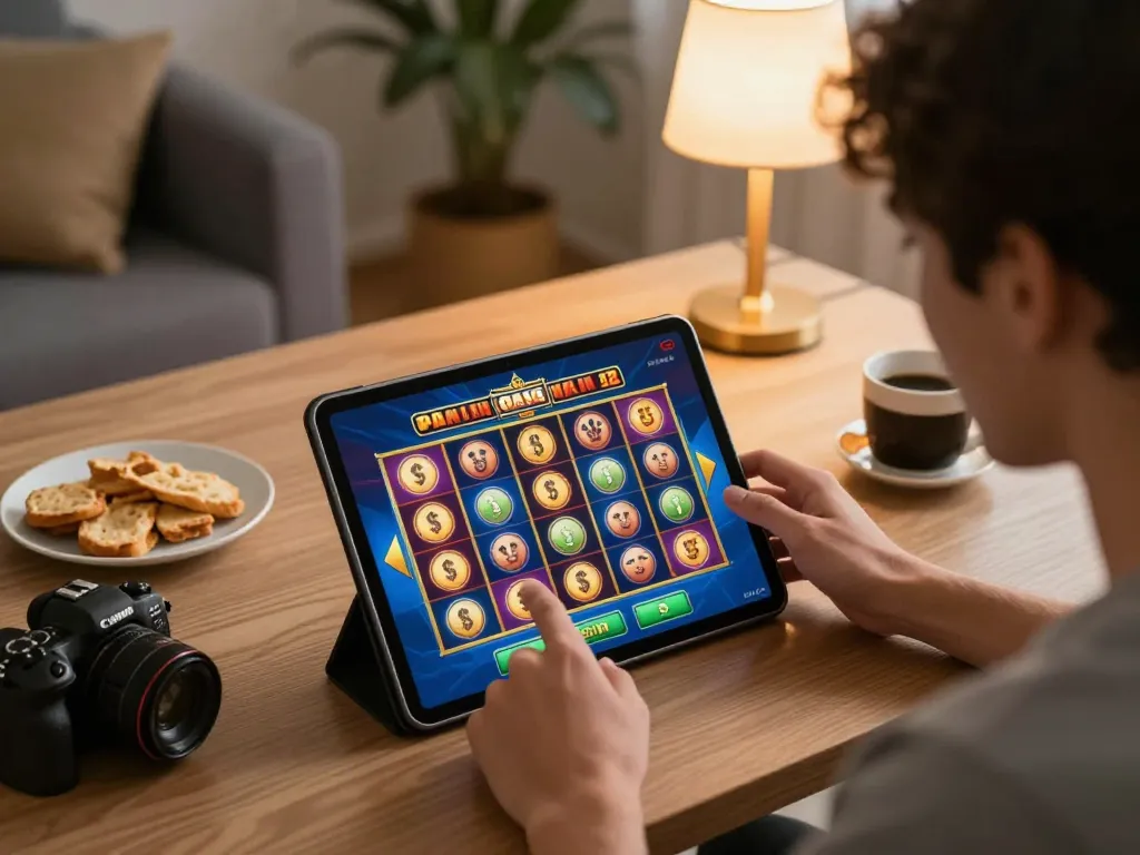 Player engaging in an online casino session with slot bet 400 on a tablet, creating an exciting gaming atmosphere.