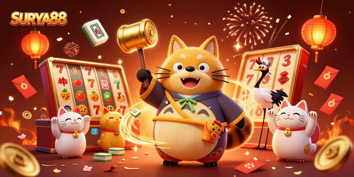 SURYA88 captures the excitement of slot gaming with cheerful characters and festive elements.