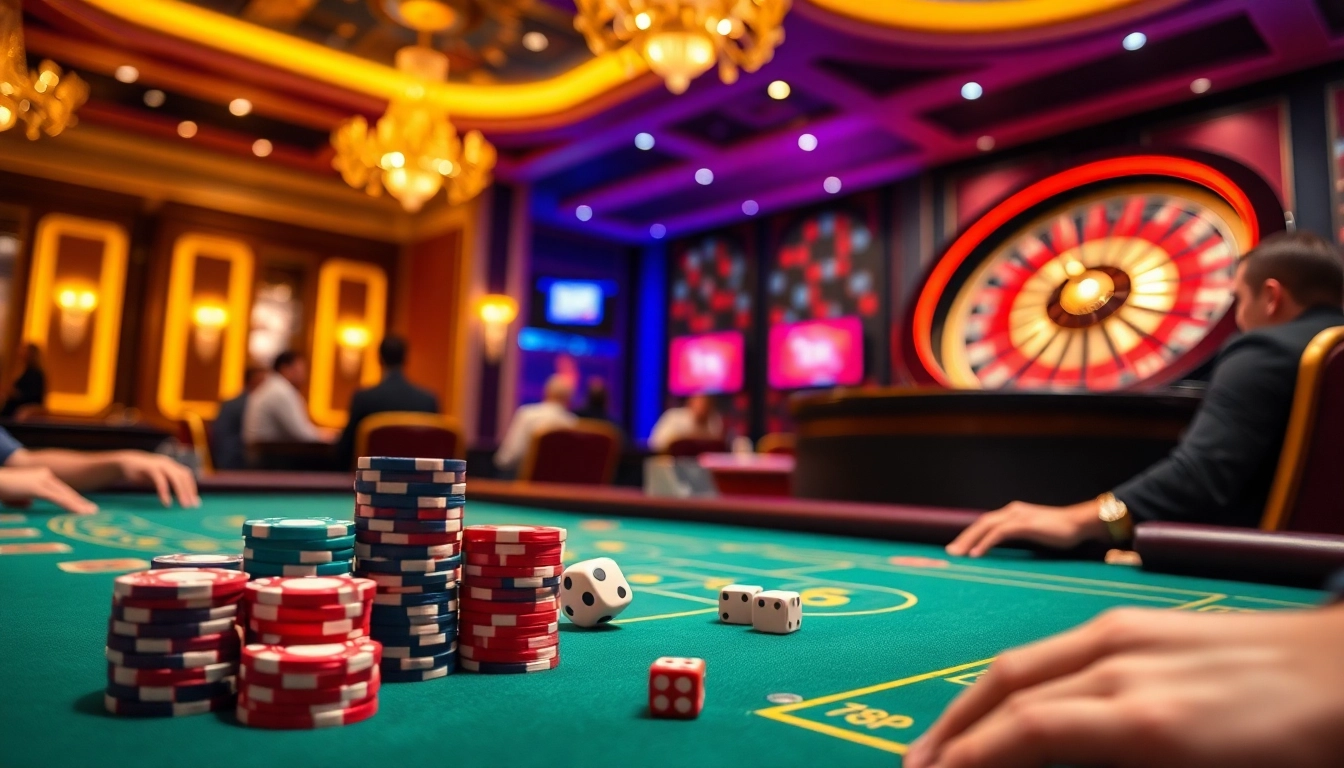 Players engaging in high-stakes poker at a 789p casino table, capturing the thrilling atmosphere of the gaming floor.