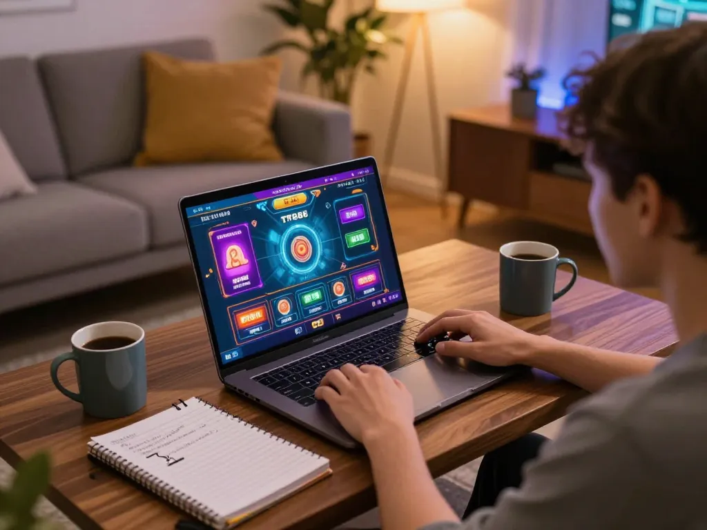 Engaging in TR88 online gaming with colorful interfaces on a laptop, cozy home atmosphere