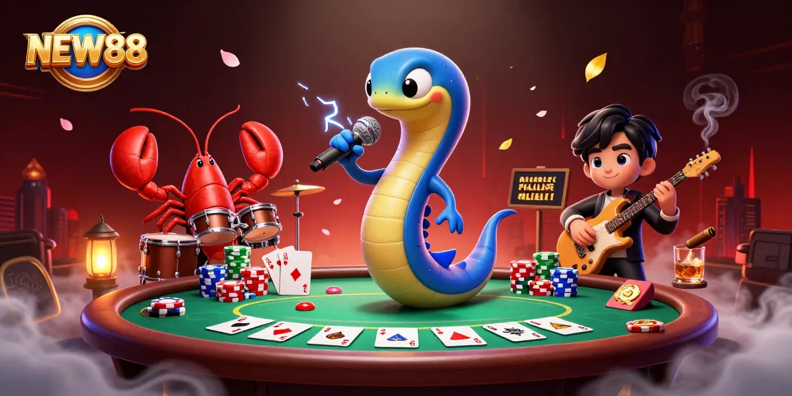 Experience thrilling gaming action on NEW88's underwater casino stage with vibrant characters.