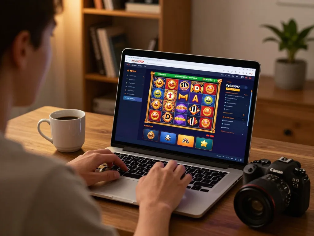 Player enjoying Fokus777 online gaming experience with laptop in cozy home setting.