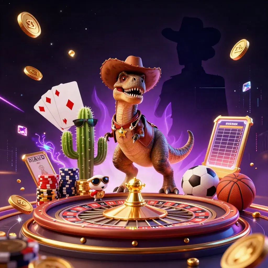Cowboy T-Rex roulette hero with cactus and roadrunner amid coins, chips, and neon casino energy