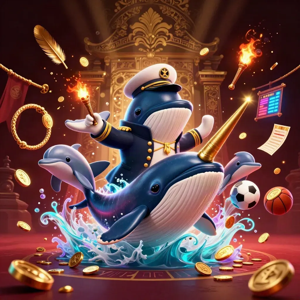 Whale captain, narwhal, and dolphins burst through coins with luxe casino lighting.