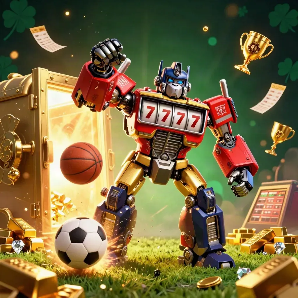 Golden gorilla mech with monkey pilot, sports balls, loot and casino glow in dark emerald light.