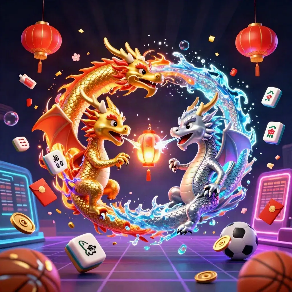 Gold and silver dragons spiral with fire and ice amid lanterns, coins, tiles, and neon glow.