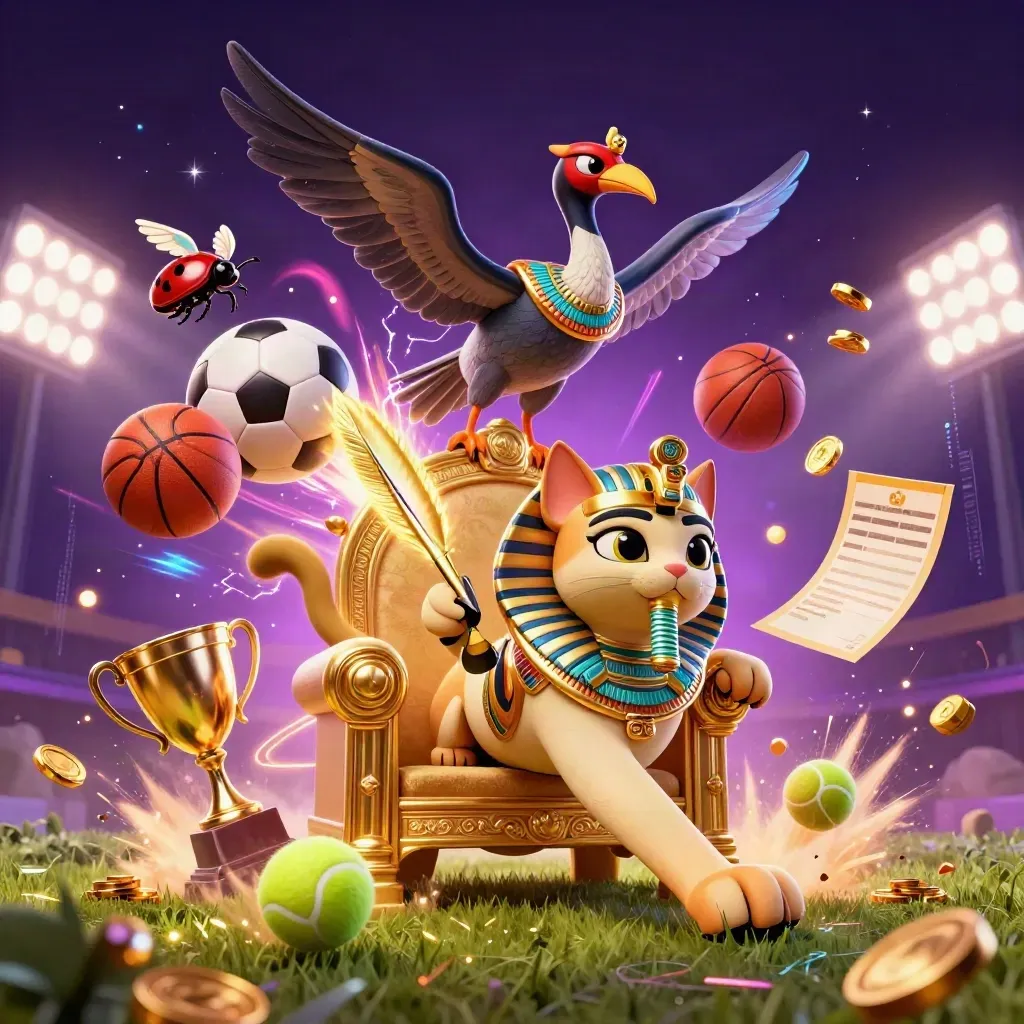 Pharaoh cat, ibis scribe and scarab beetles amid flying sports balls, gold and neon energy.