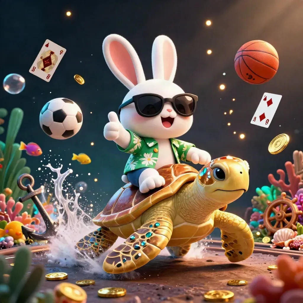 Cartoon rabbit rides jeweled turtle through gold coins, coral, fish, cards, balls, and bubbles.