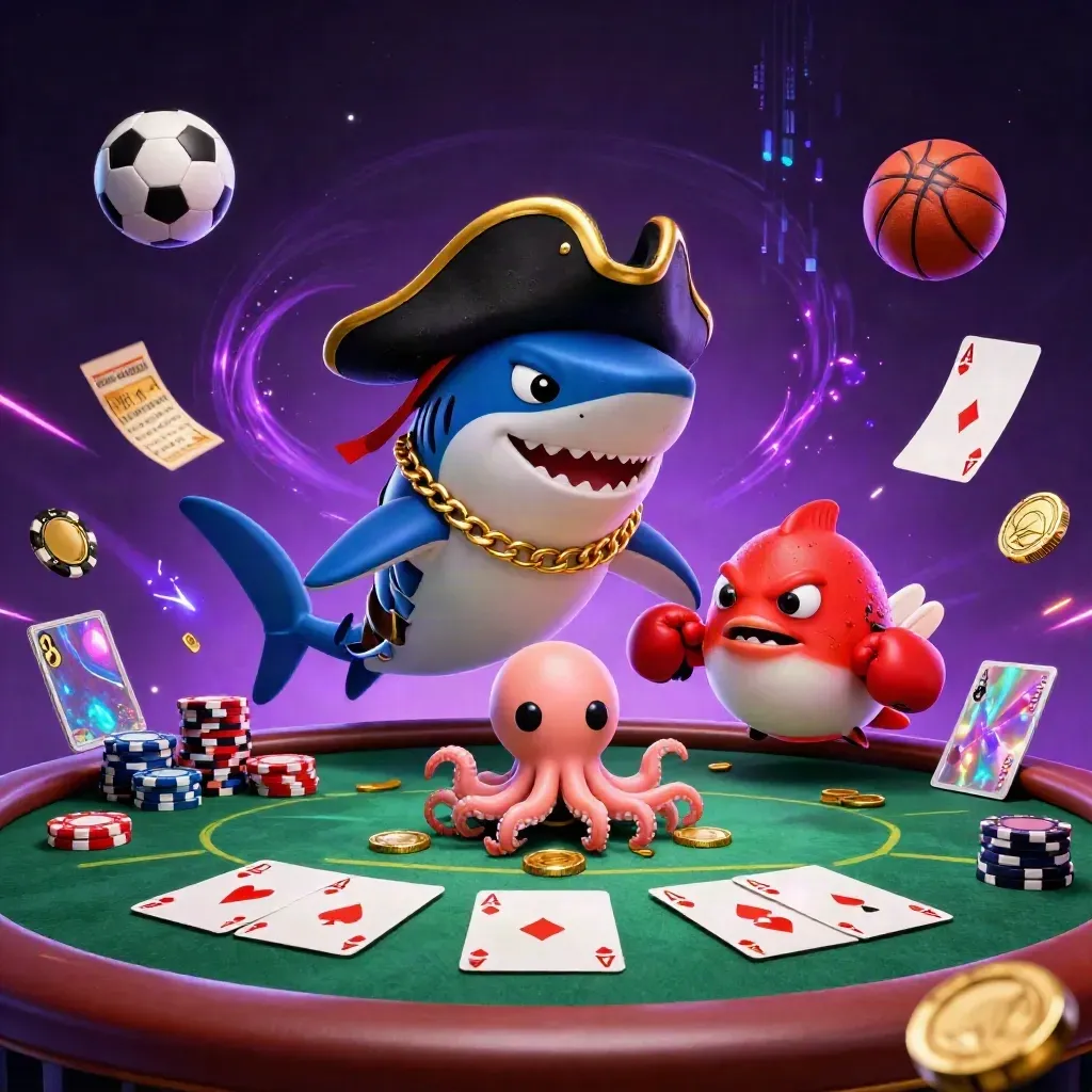 Pirate shark, boxing pufferfish, and coin-juggling octopus amid chips, cards, neon sparks, and purple haze.