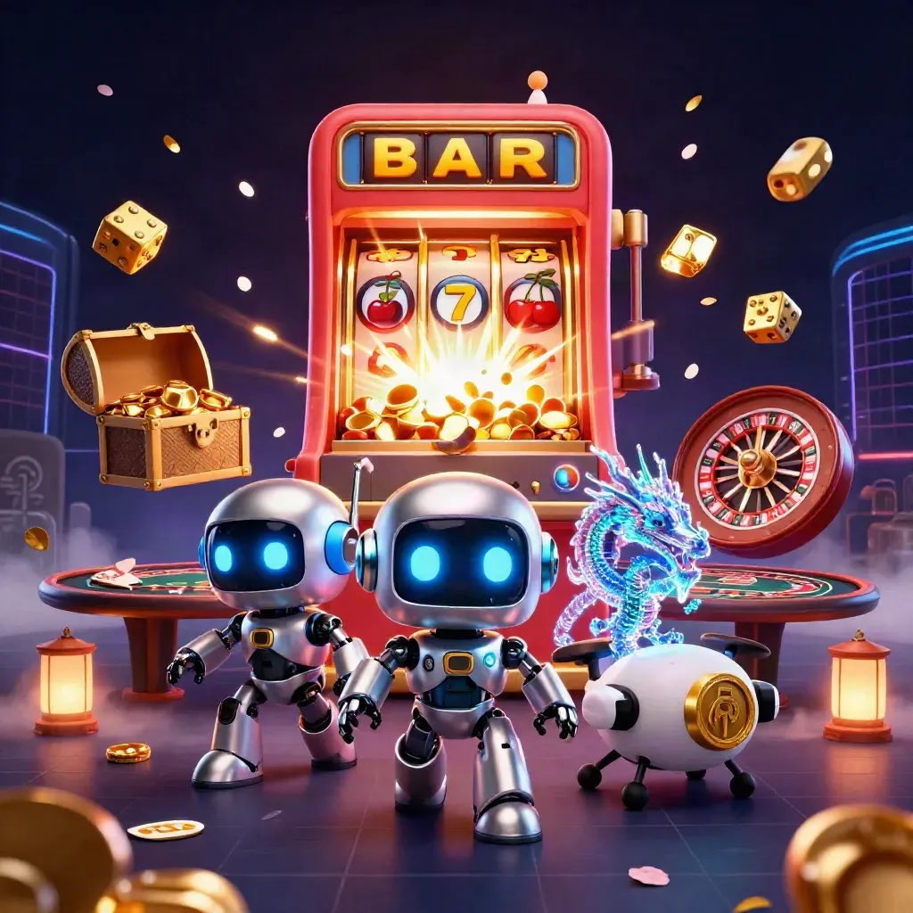 Cyberpunk robot, holographic dragon, and drone in a luxe casino burst with roulette and gold.