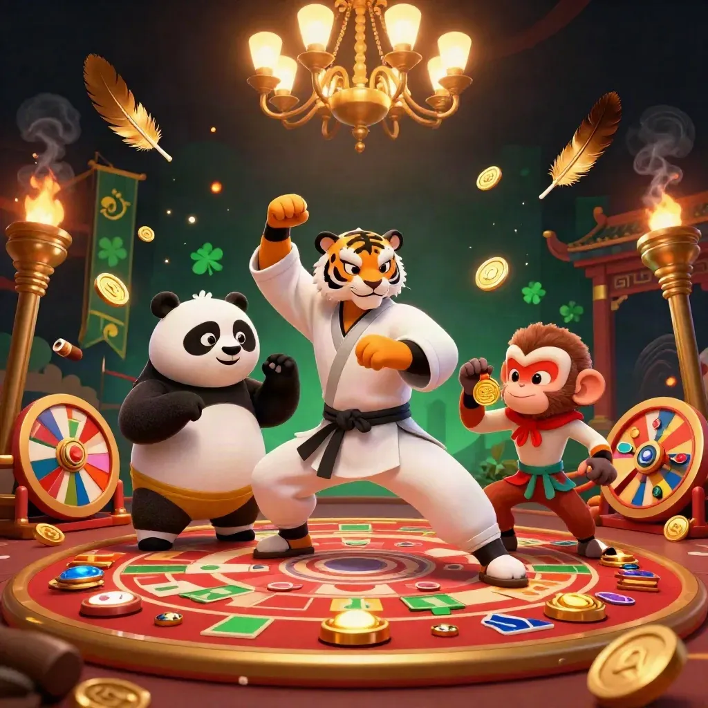 Tiger, panda, and monkey in a luxe casino-temple scene with roulette, cards, embers, and gold.