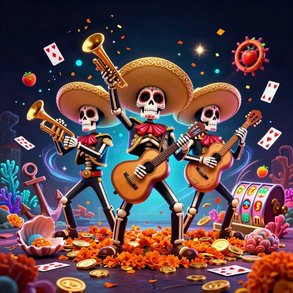 Skeleton mariachi trio in an underwater treasure explosion with coins, coral, confetti, and cyan glow.