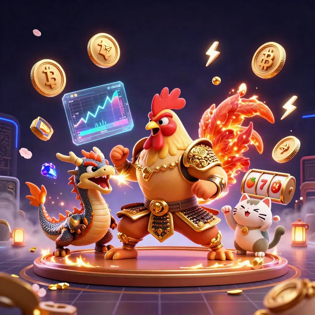 Rooster warrior, dragon hatchling, and fortune cat amid neon coins and casino energy