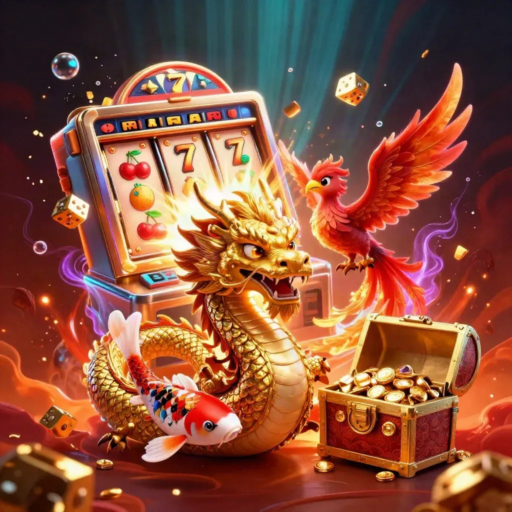 Golden dragon, phoenix, koi and treasure burst from a glowing slot-themed casino scene.