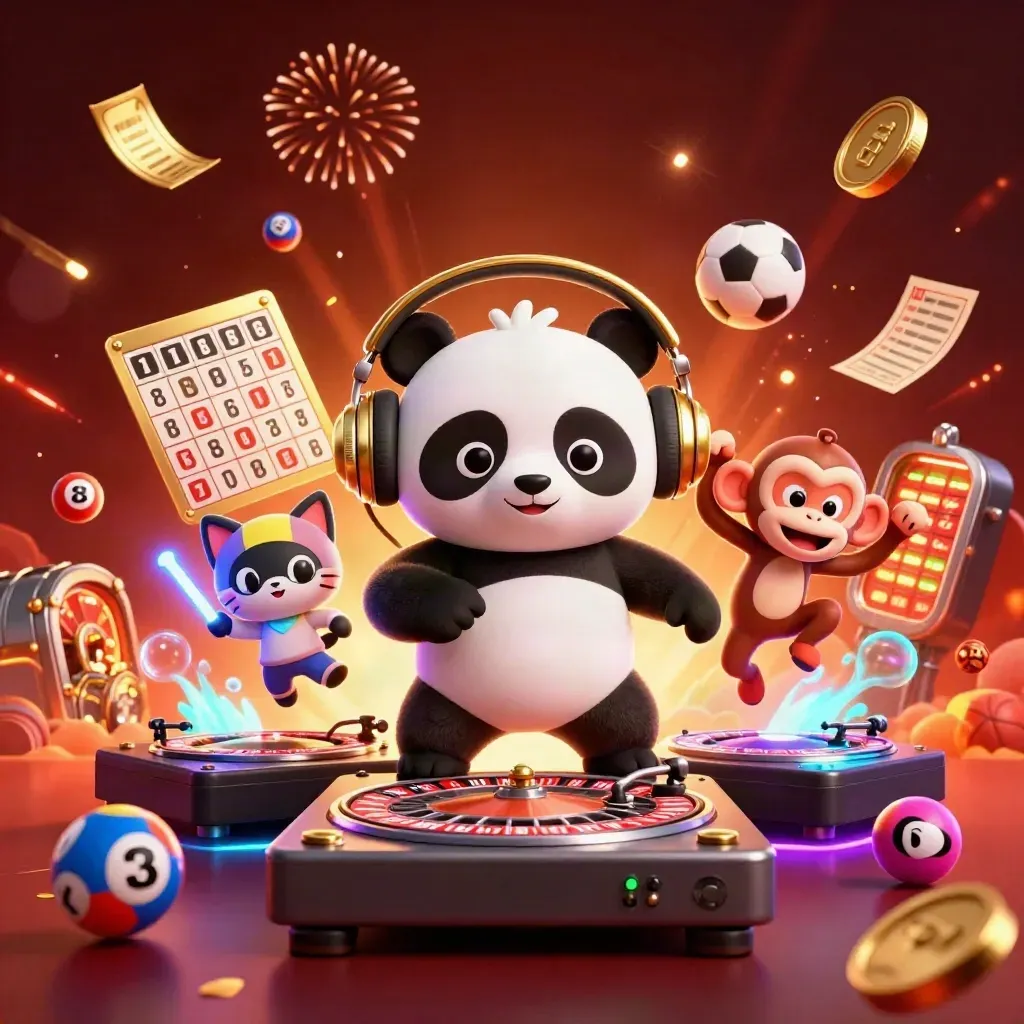 DJ panda, dancing monkey, and glow-stick kitten in a casino burst with coins, balls, and fireworks.