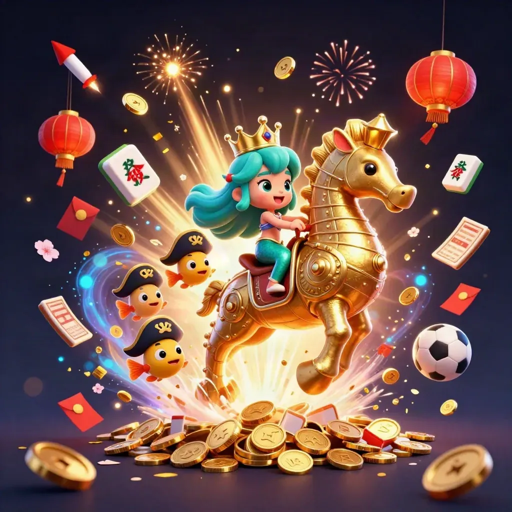 Mermaid princess on golden seahorse amid coins, lanterns, fireworks and casino treasure burst