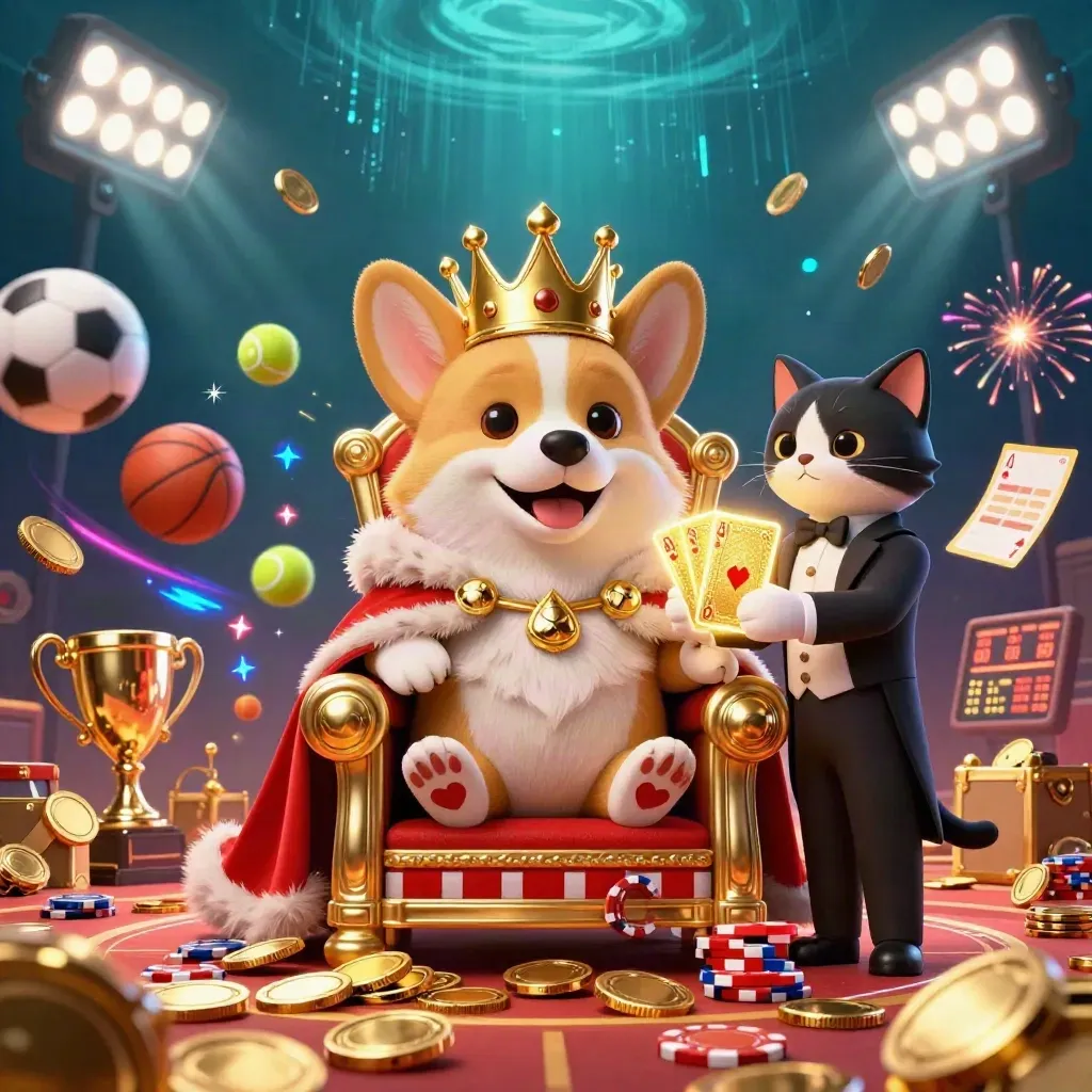 Royal corgi and cat butler amid coin rain, sports balls, trophy, and neon casino fireworks.
