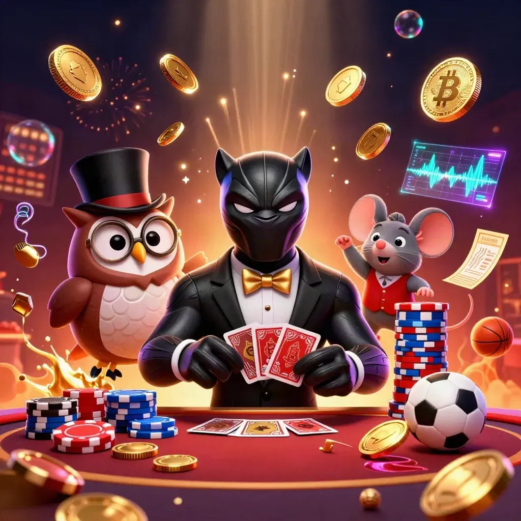 Panther dealer, owl, and mouse burst from a vault with coins, cards, and neon casino effects.