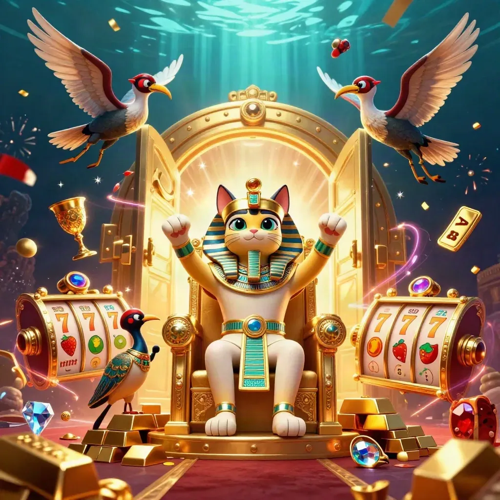 Pharaoh cat on a gold throne with ibis scribe, scarab wings, vault burst, and casino loot