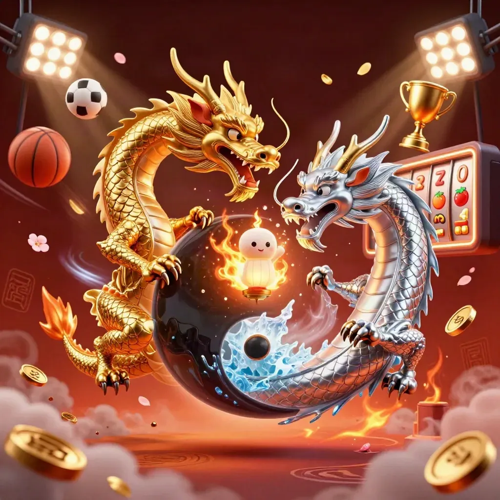 Twin gold and silver dragons form a glowing yin-yang with casino icons swirling in a fiery dark gradient.
