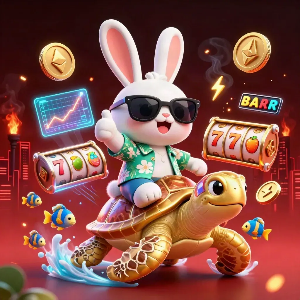 Lucky rabbit rides a golden sea turtle amid neon casino coins, reels, and red skyline lights.