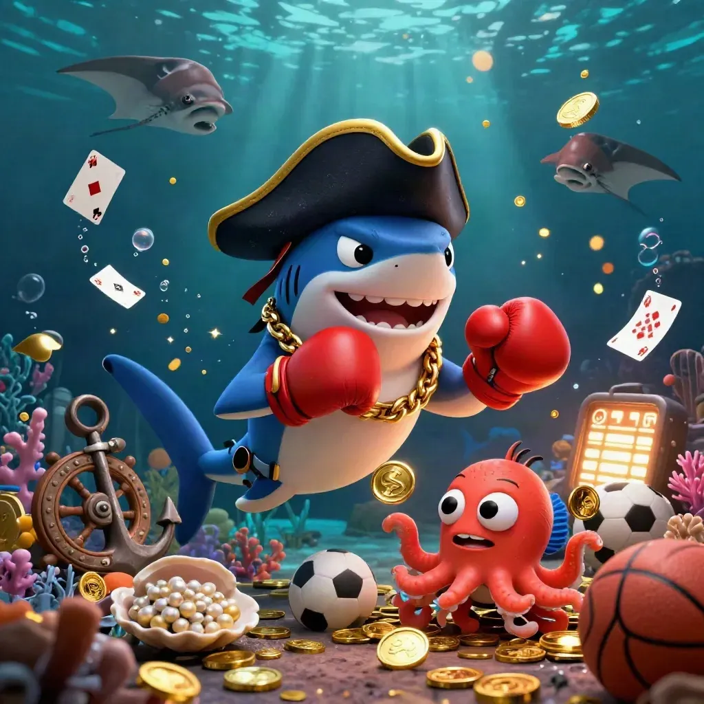 Shark captain, boxing pufferfish, and coin-juggling octopus in a glowing underwater casino scene