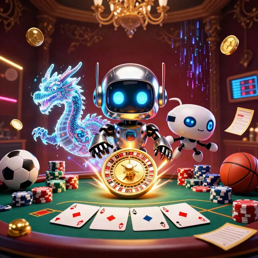Cyberpunk robot, holographic dragon and coin drone amid roulette chips, cards and gold sparks.